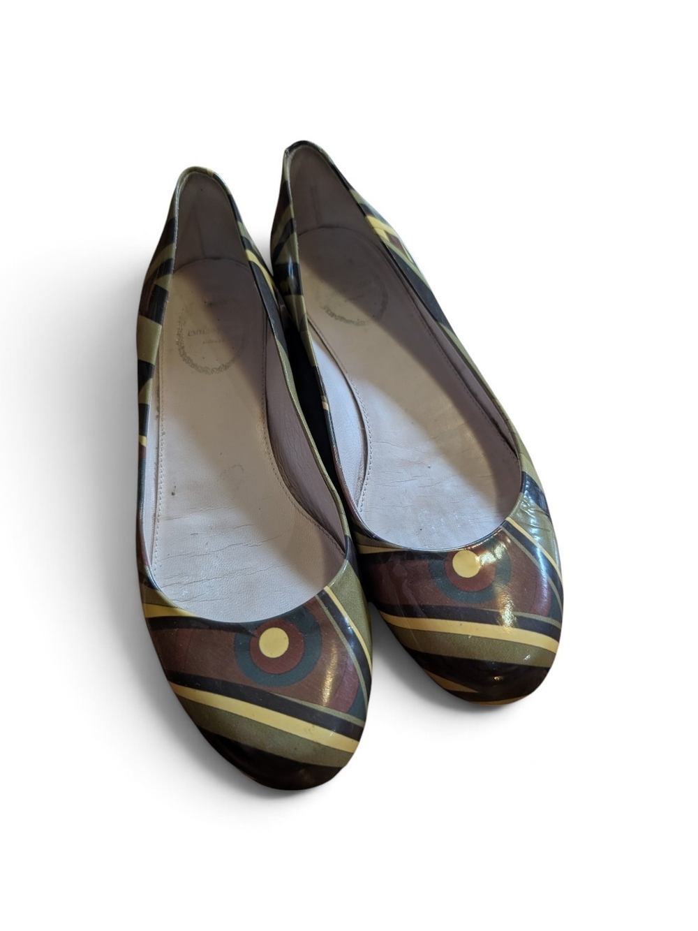 Emilio Pucci Green Brown 6.5 36.5 Patent Leather Printed Ballet Flats